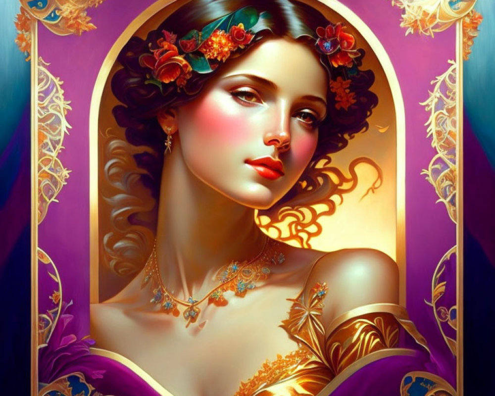 Vibrant portrait of a woman with flowing hair and ornate gold details