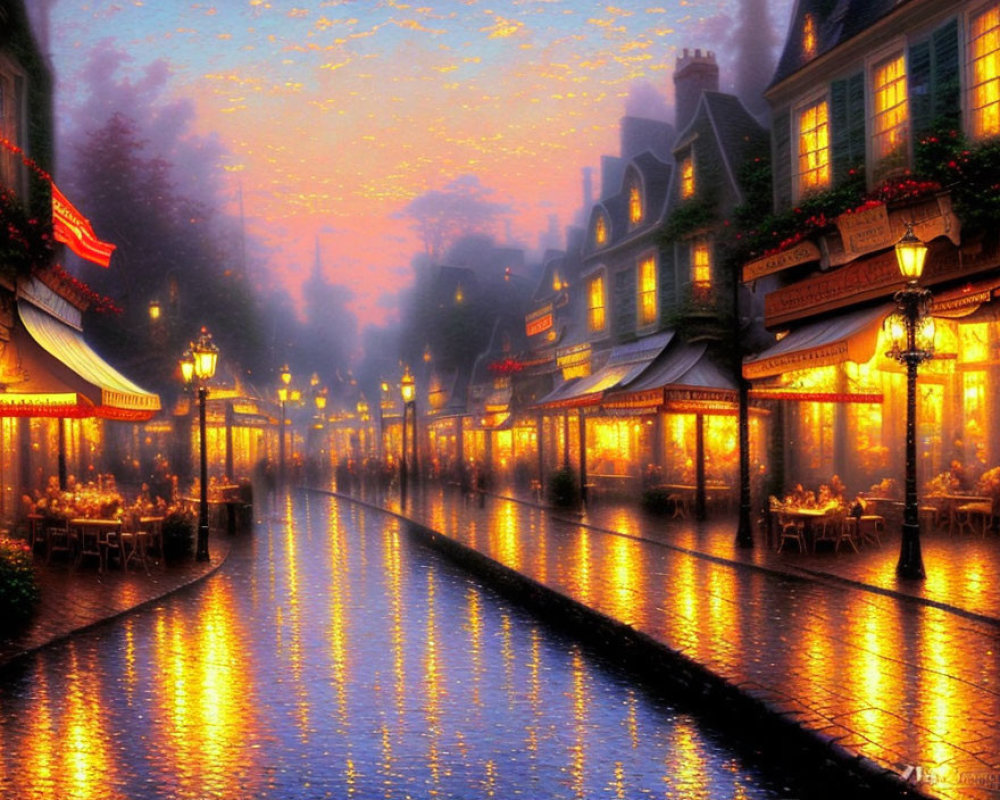 Cobblestone street with quaint buildings and glowing windows at twilight