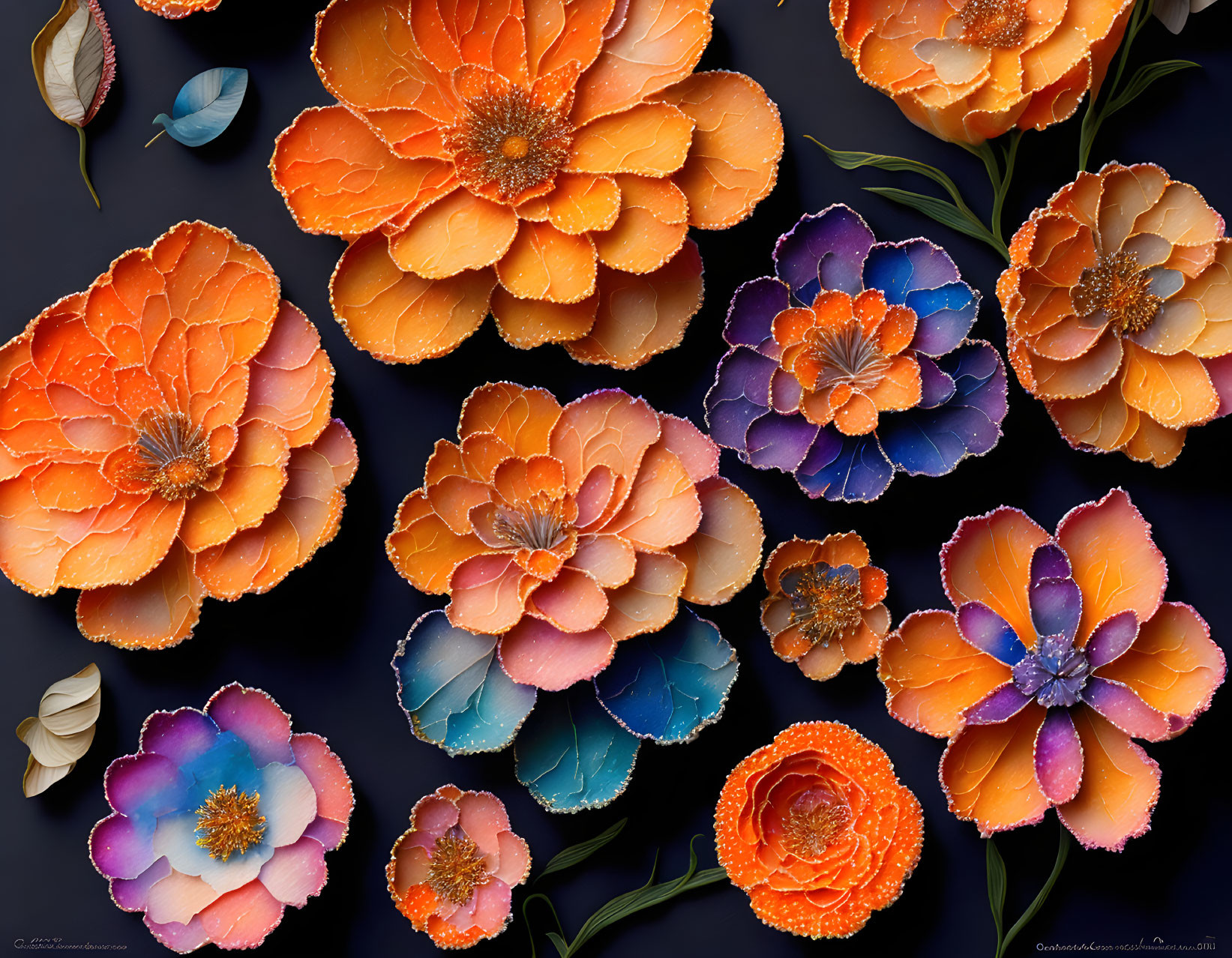 Colorful Handcrafted Paper Flowers in Orange, Peach, and Blue on Dark Background
