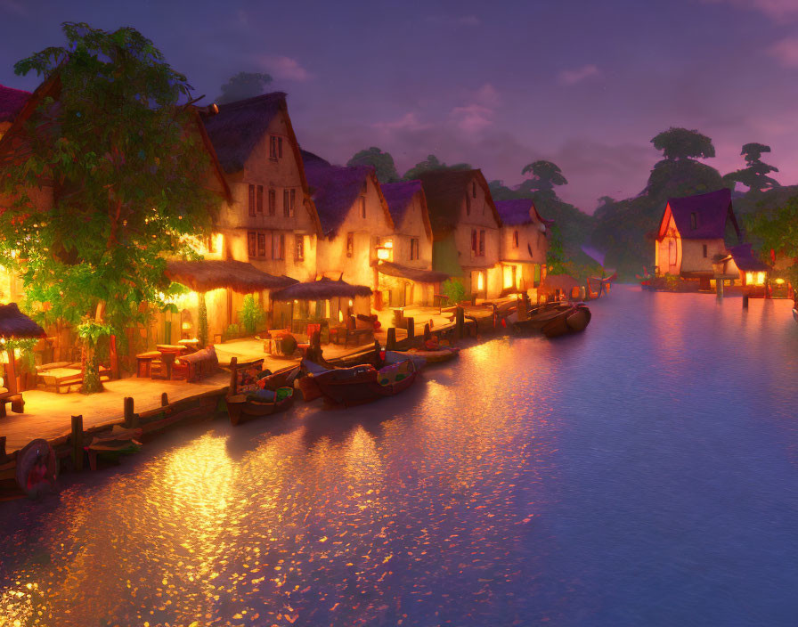 Serene river at twilight with traditional houses, warm lights, and moored boats