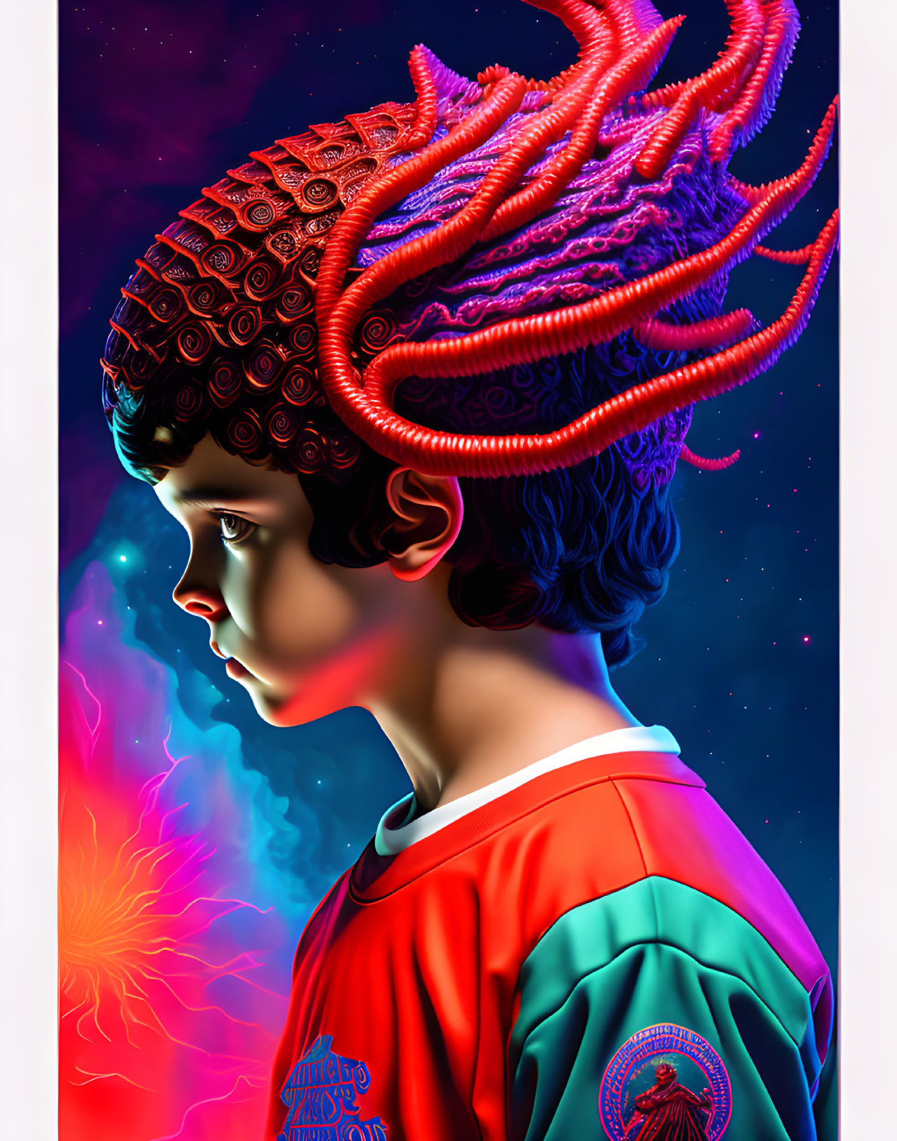 Vibrant tentacle-like hair profile portrait with cosmic backdrop and intricate jersey design