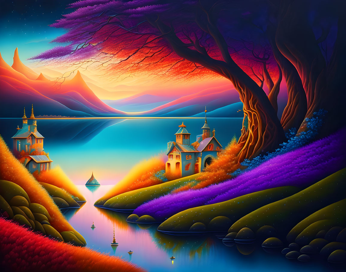 Colorful Fantasy Landscape with Purple Trees, Castles, and River at Twilight