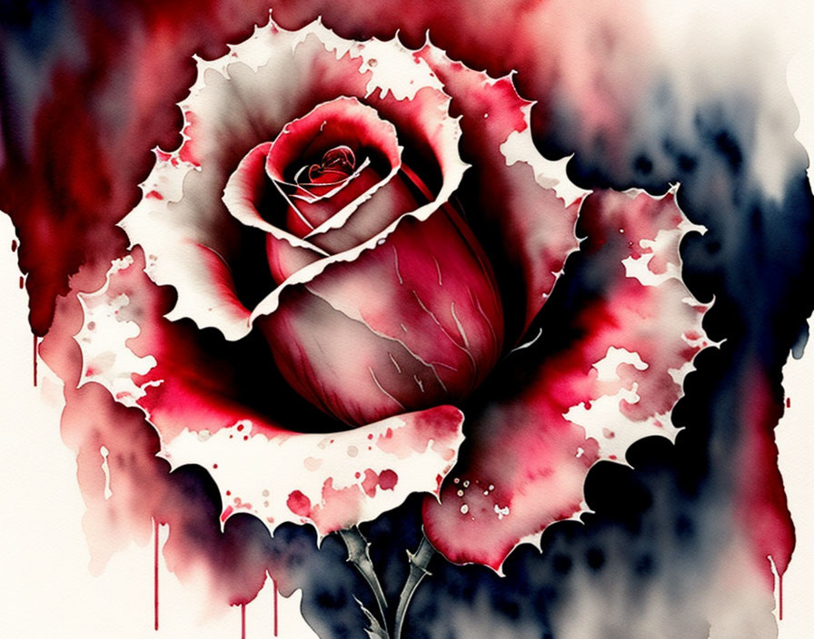 Stylized red and white gradient rose with bleeding ink edges