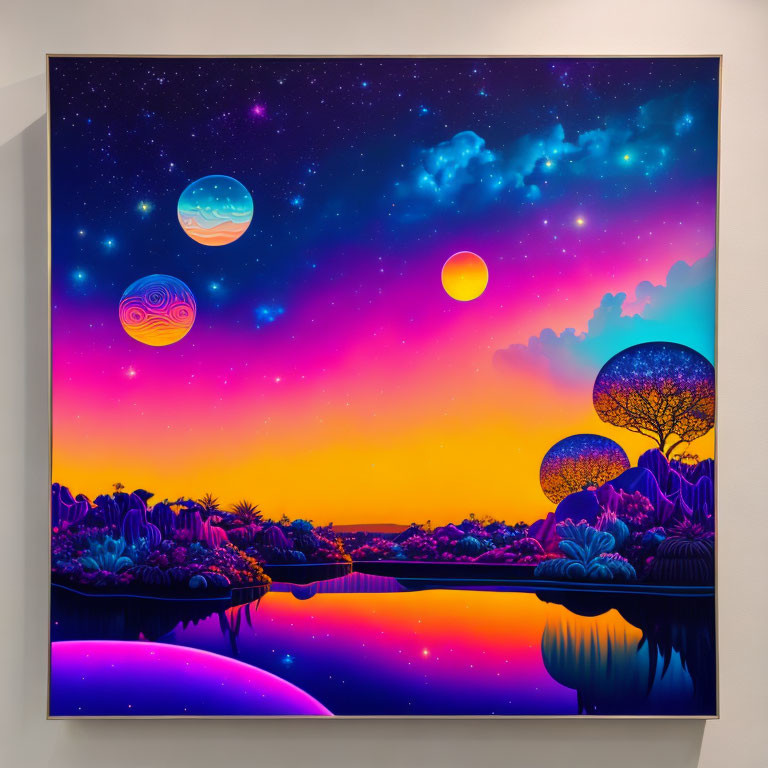 Colorful Surreal Landscape with Multiple Moons and Starry Sky reflected in Water