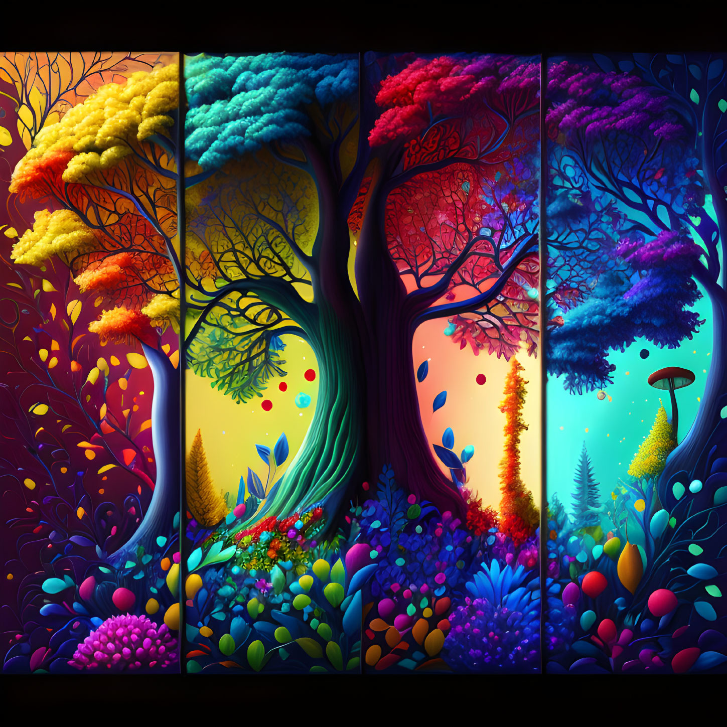 Colorful illustration of five stylized trees with whimsical foliage