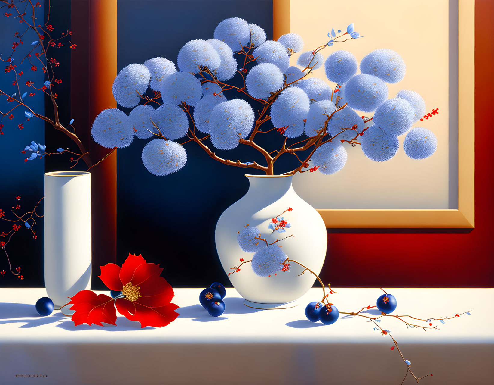 White vase, white flowers, red blossoms, blueberries, and red flower on a table