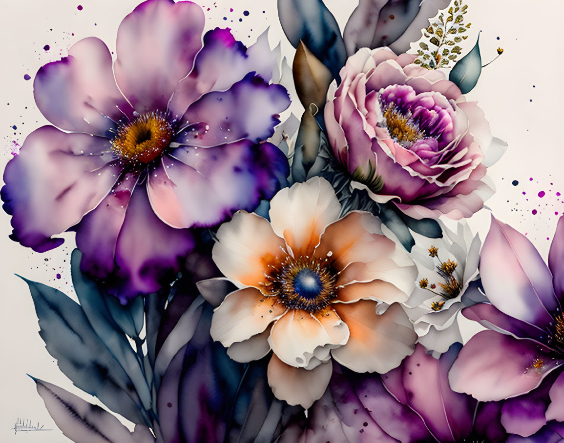 Colorful digital artwork: Purple, pink, and orange flowers with splattered paint on light background