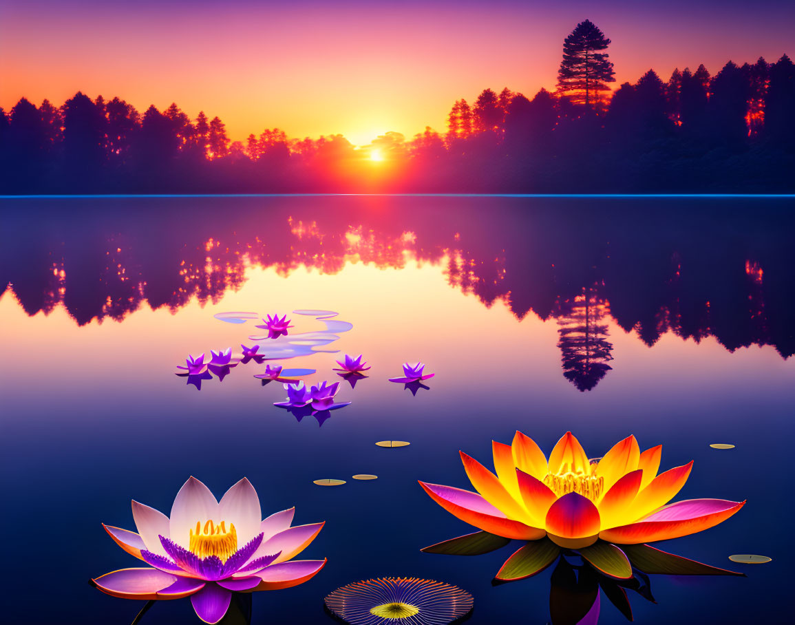 Tranquil sunset over calm lake with silhouetted trees and lotus flowers