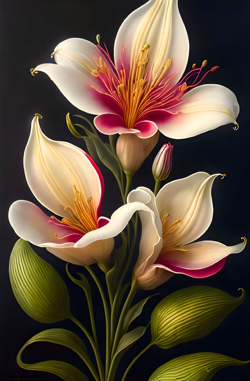 Detailed Pink and White Lilies on Dark Background