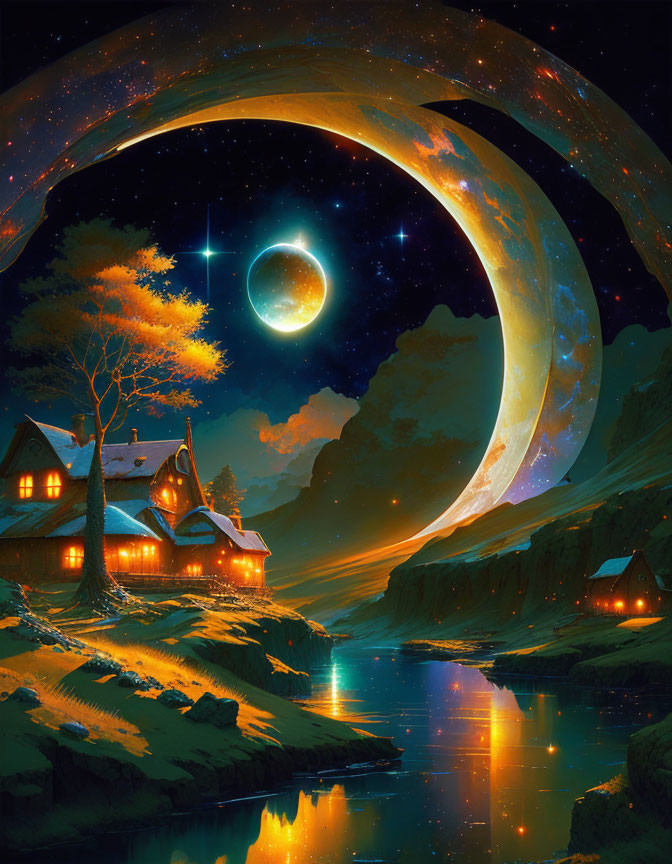 Enchanting nightscape with crescent moon, glowing planet, cozy house, river, autumn tree