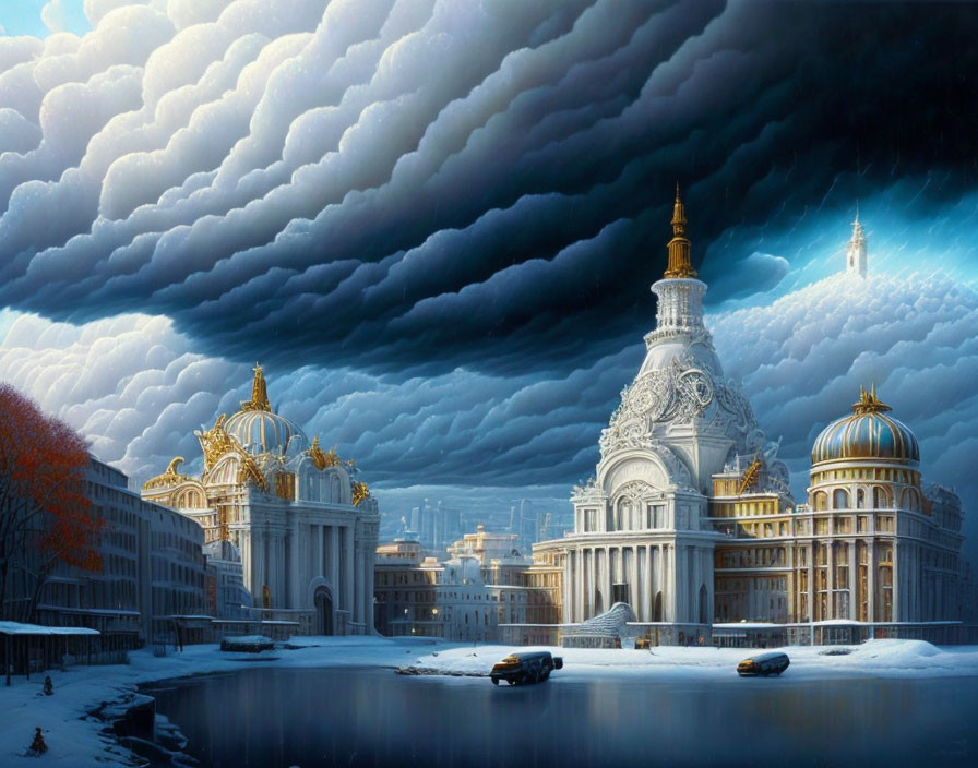 Neoclassical cityscape with dramatic sky over snowy river