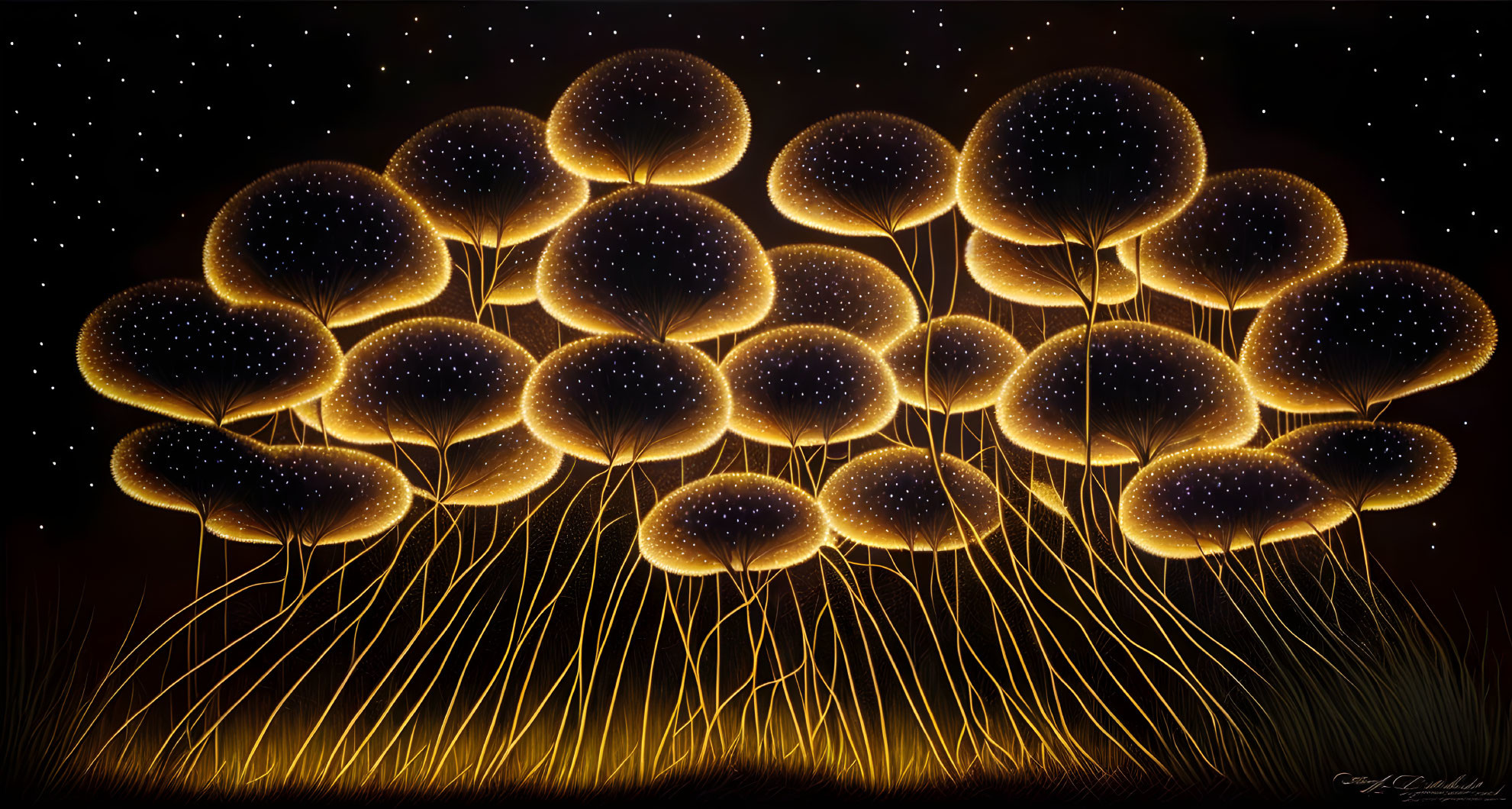 Surreal glowing dandelion-like structures in starry night sky