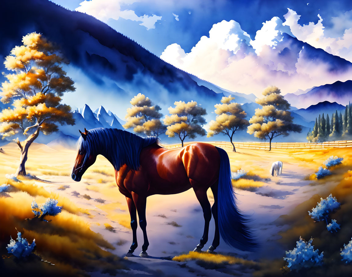 Majestic horse in autumn landscape with mountains and cloudy sky