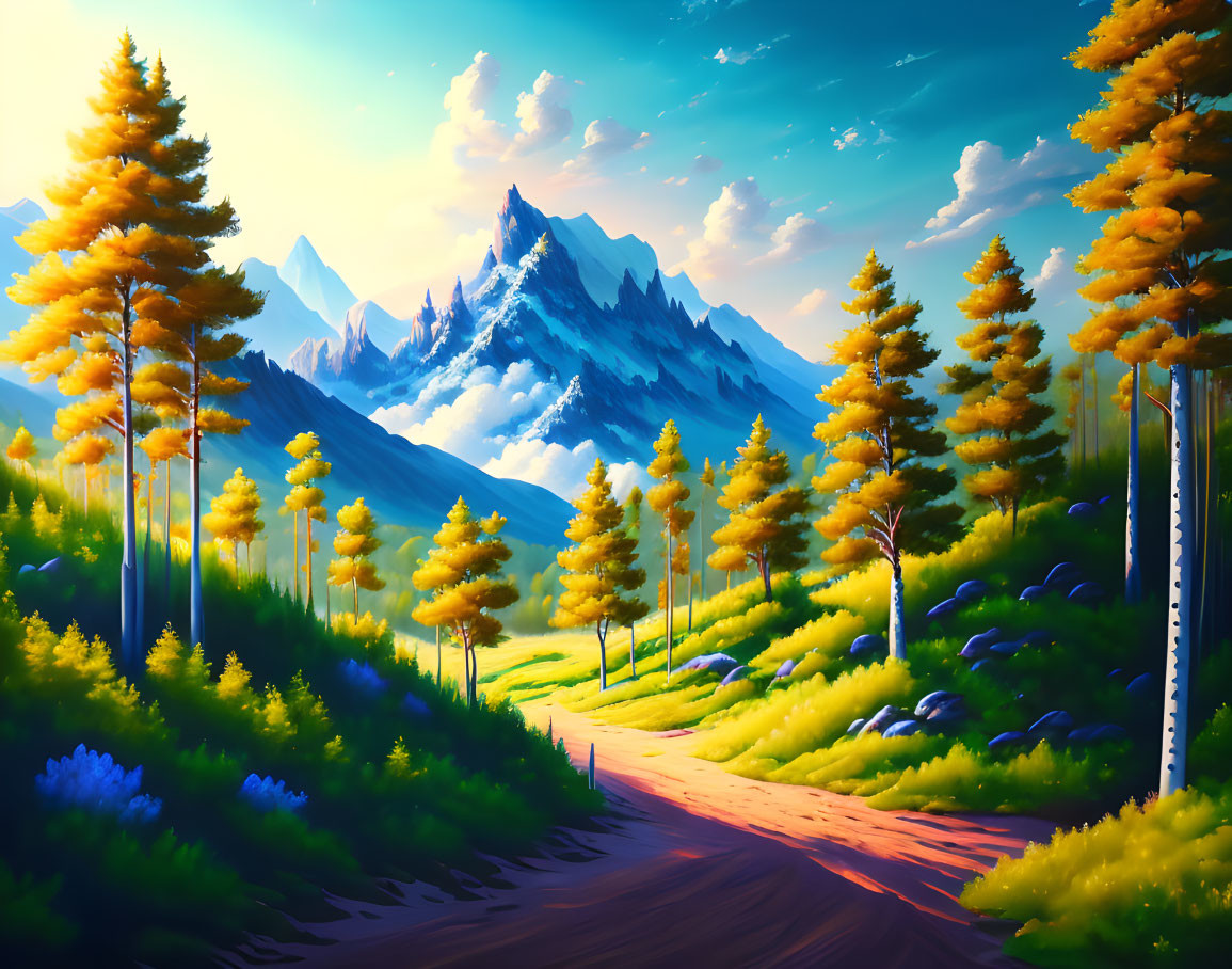 Scenic forest path with golden trees and snowy mountains