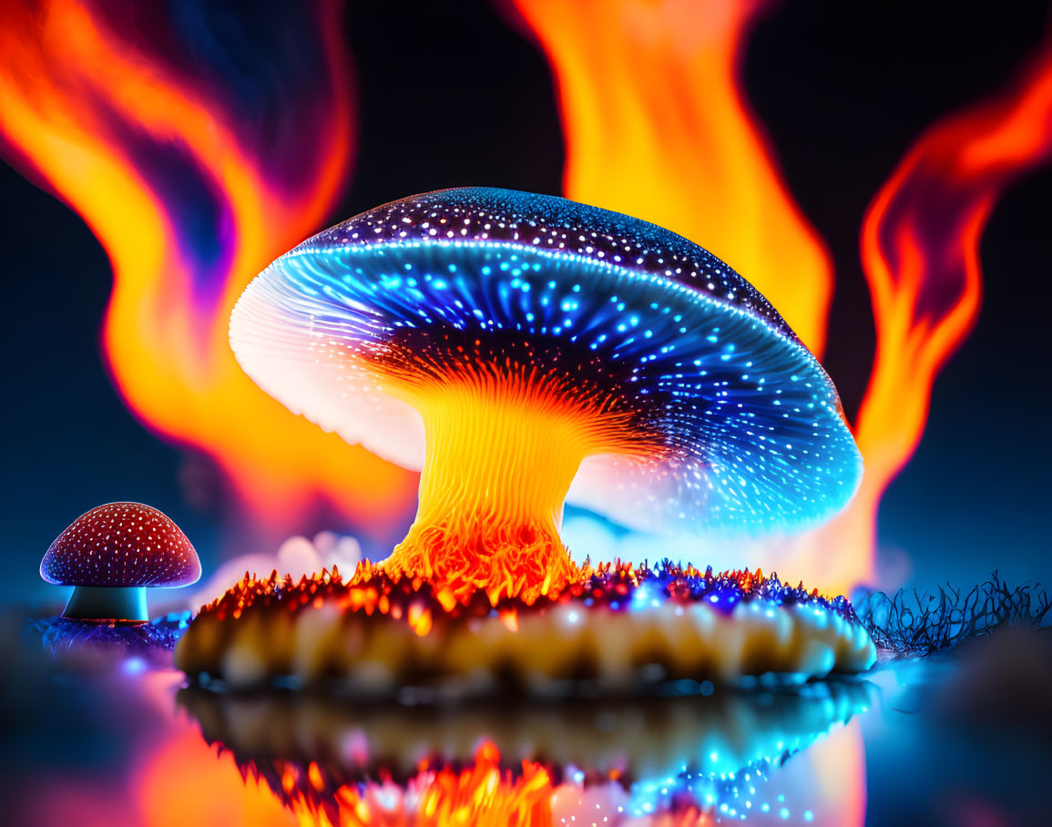 Vibrant blue and orange bioluminescent mushrooms on dark background