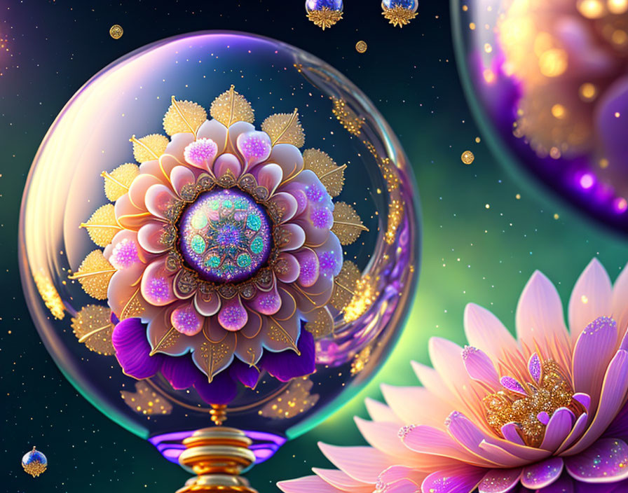 Spherical crystal with lotus and golden flowers on starry background