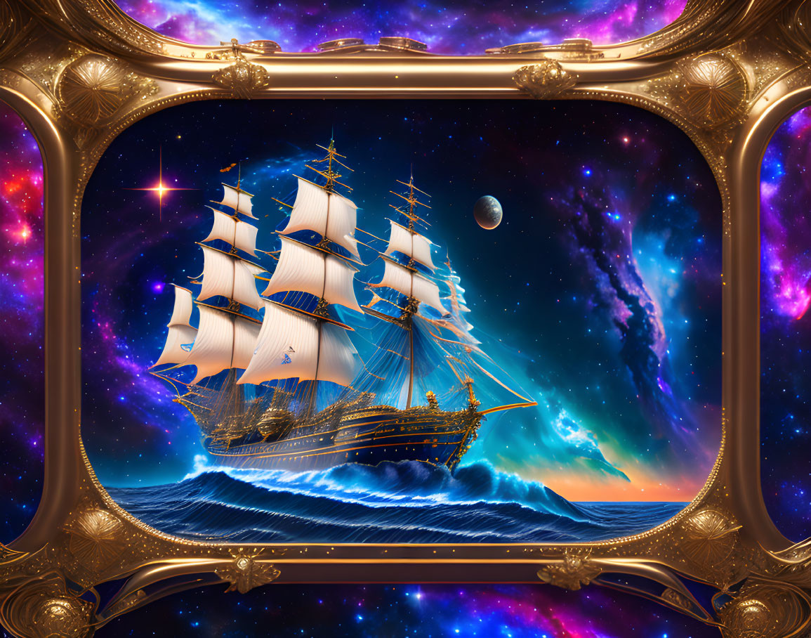 Golden frame surrounds surreal sailing ship on cosmic ocean waves.