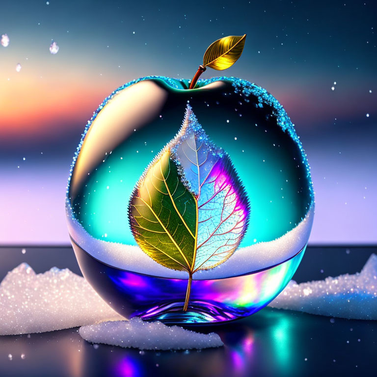 Colorful Glass Apple with Leaf on Snowy Surface under Twilight Sky