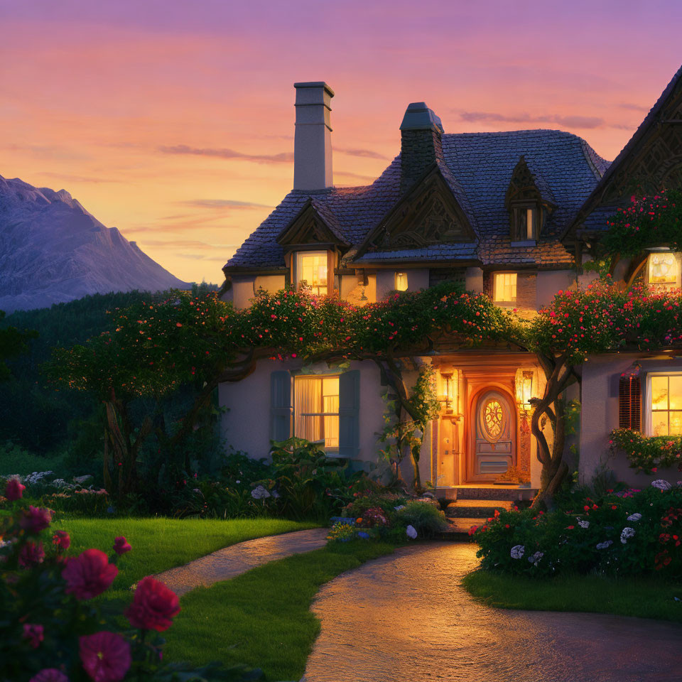 Cozy cottage surrounded by blooming flowers and mountains at dusk