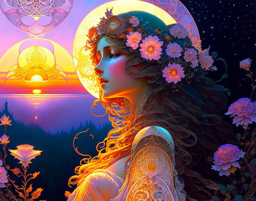 Illustrated woman with floral crown and tattoos in front of starry sky and forest sunset