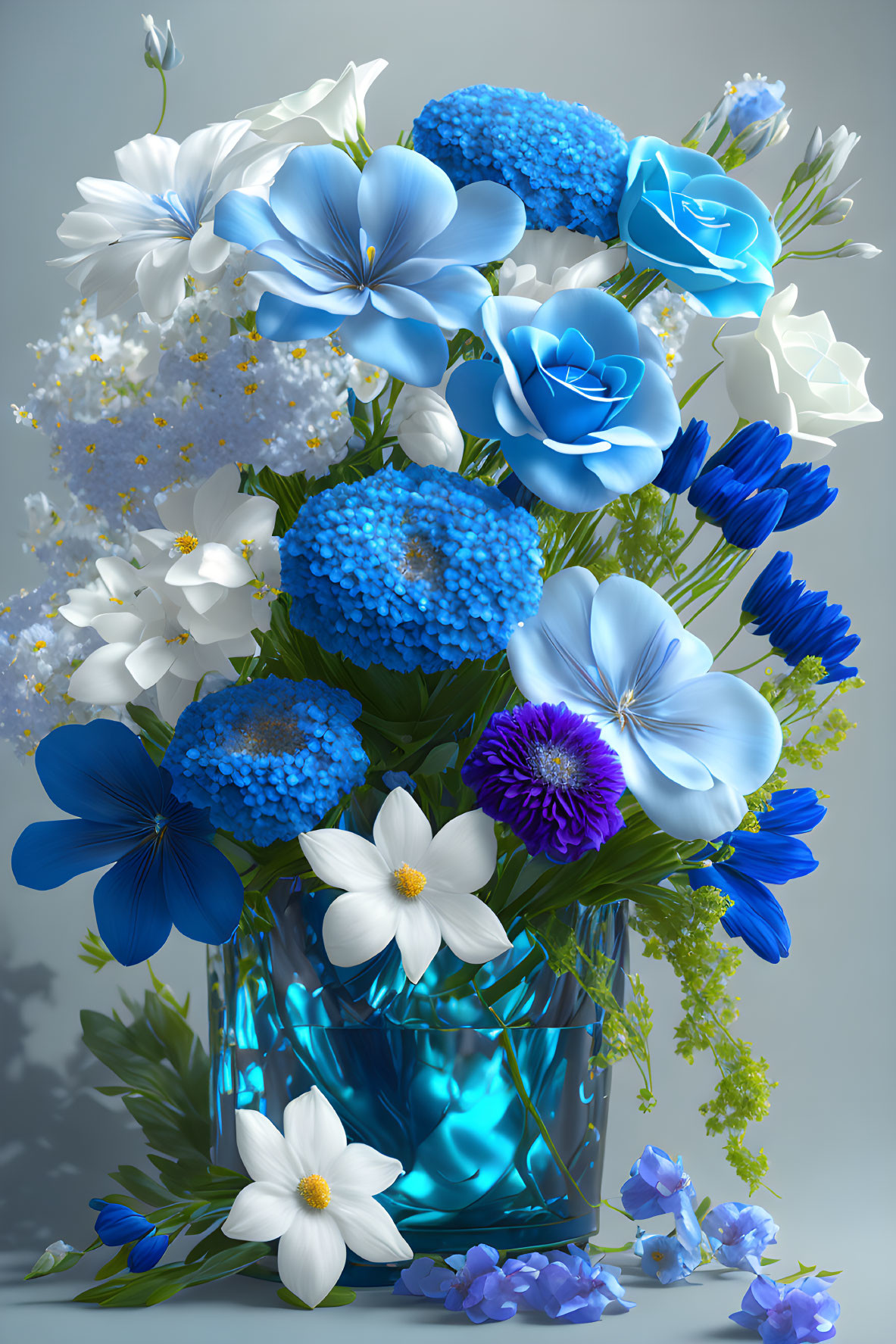 Blue and White Flower Bouquet in Translucent Vase on Neutral Background