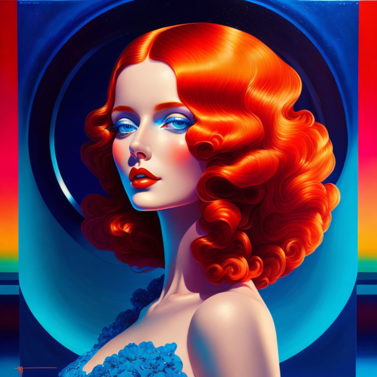 Colorful digital artwork: Woman with red hair and blue eyes on abstract background