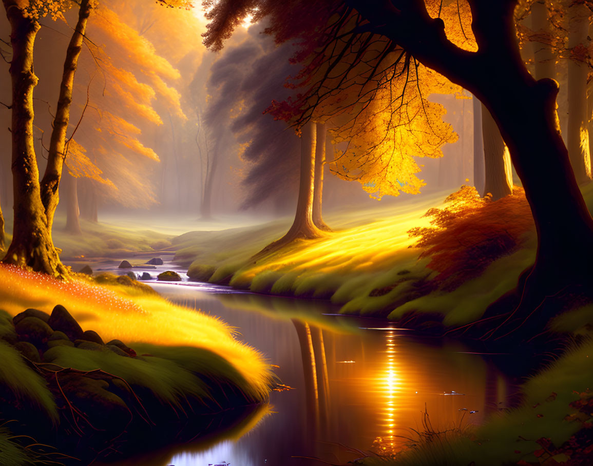 Tranquil Autumn Forest with Stream and Glowing Leaves