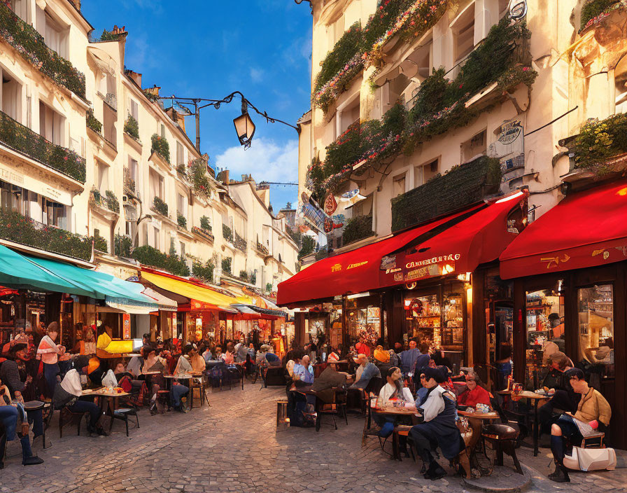 European Street Cafe Scene with Outdoor Dining and Colorful Buildings