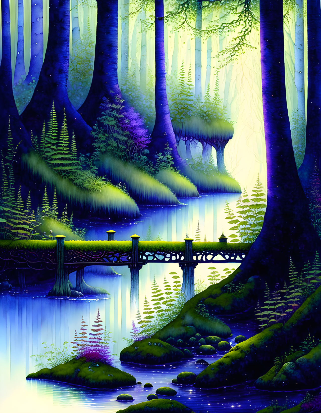 Mystical forest with river, bridge, and lush vegetation