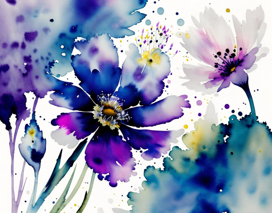 Abstract purple and blue flower watercolor painting with splattered details