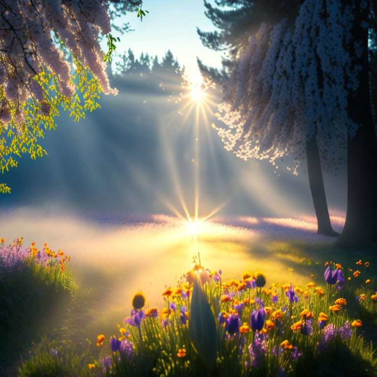 Serene sunrise over colorful forest meadow and blossoming trees