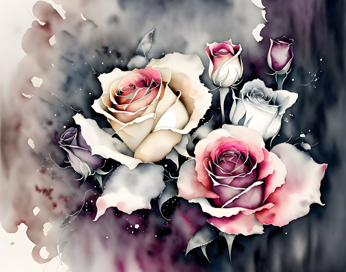 Watercolor Style Illustration of Pink, White, and Purple Roses