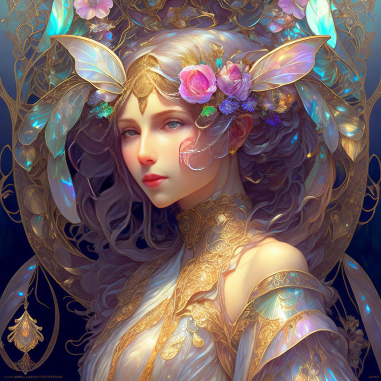 Ethereal female illustration with floral ornaments and golden armor against celestial backdrop