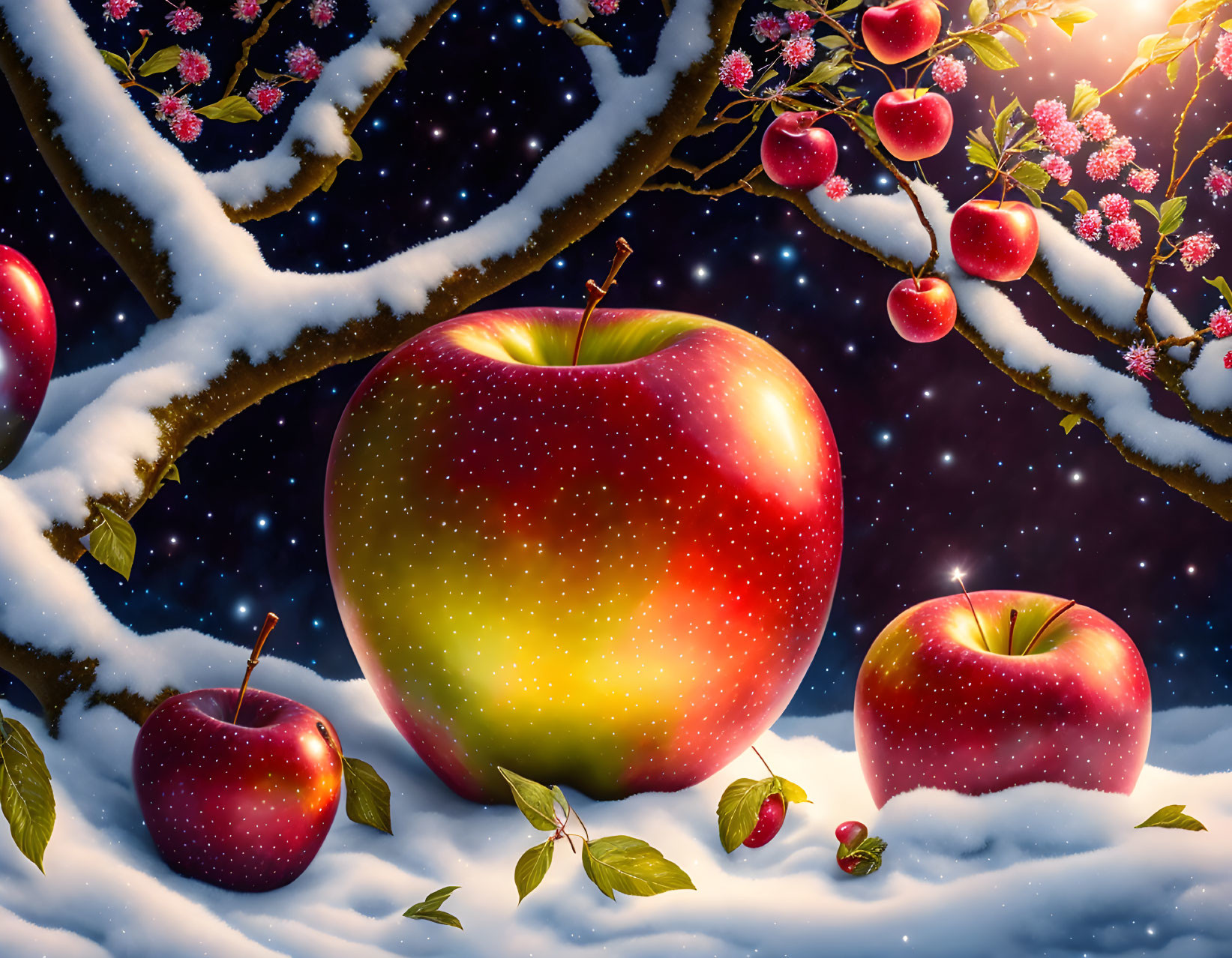 Vibrant red apples on snow-covered branches under starry sky and pink blossoms