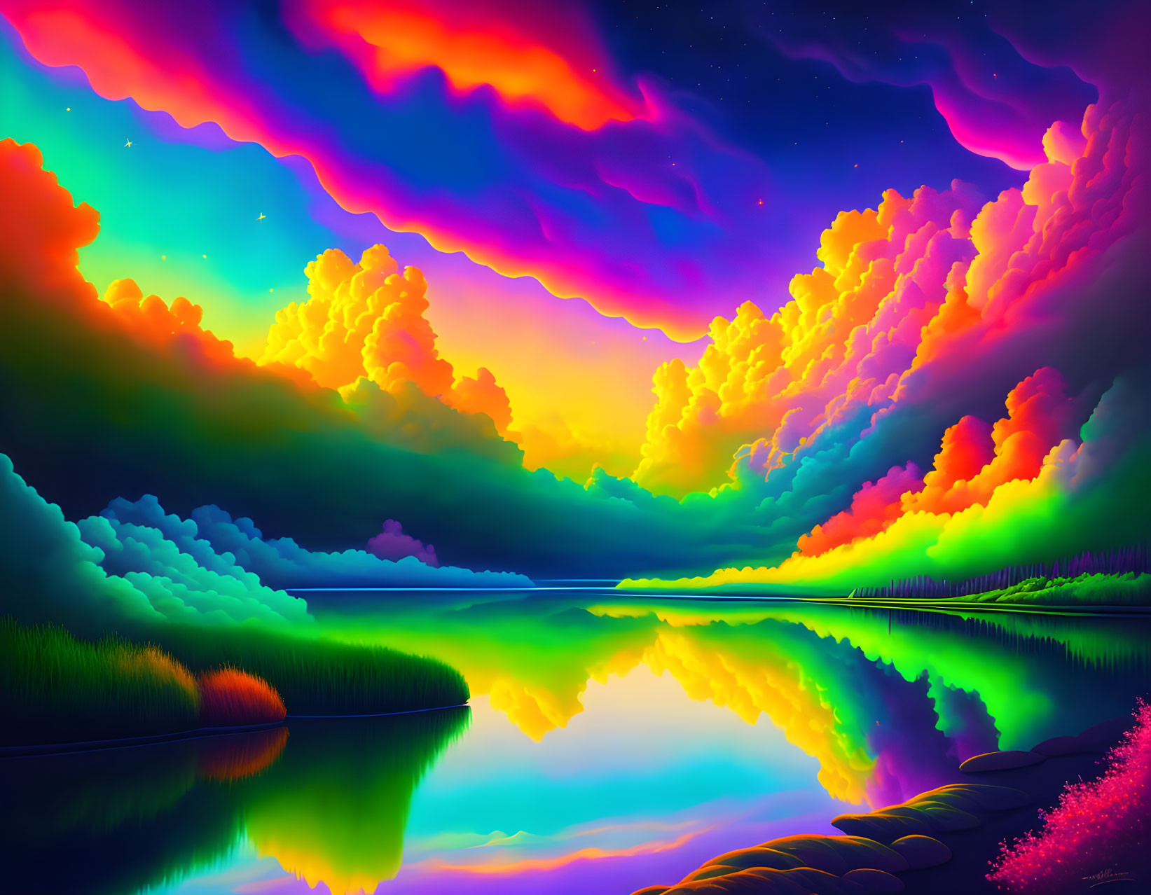 Colorful surreal landscape with vibrant sky reflection in tranquil lake