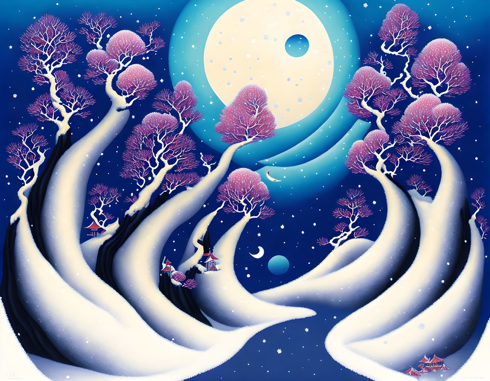 Stylized snowy landscape with twisted trees, moon, yin-yang symbol, and small houses