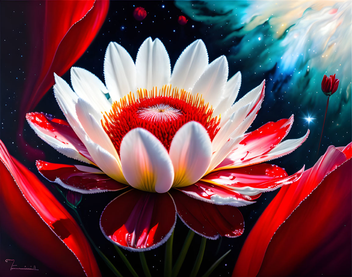 Colorful digital artwork featuring large red and white flower on cosmic backdrop