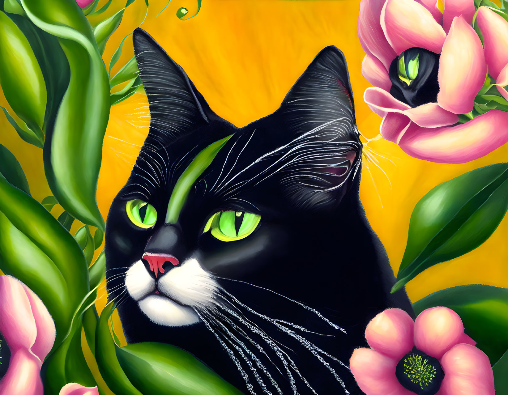 Colorful Painting of Black Cat with Green Eyes Among Flowers