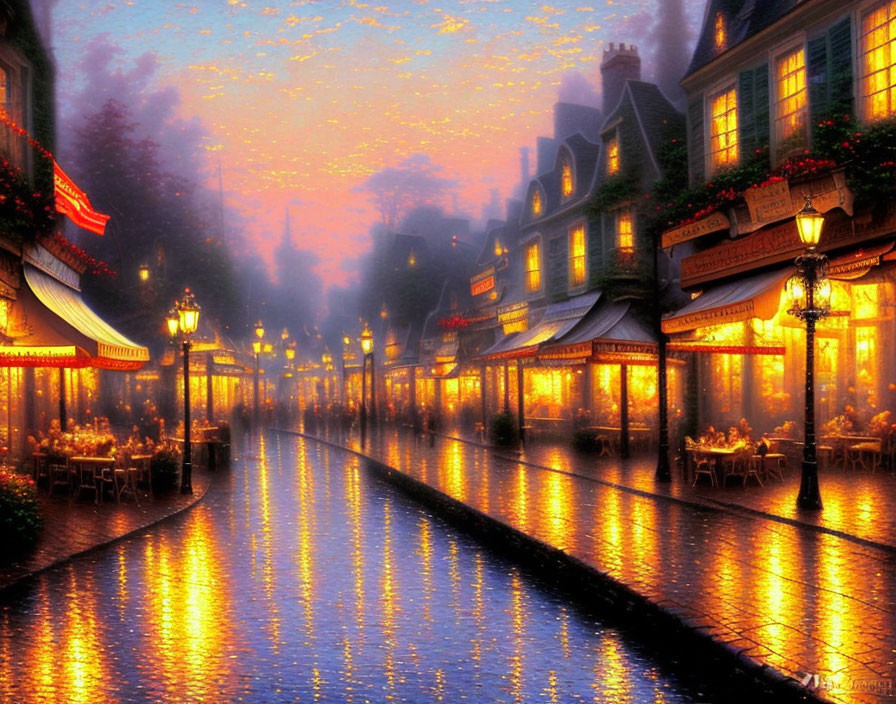 Cobblestone street with quaint buildings and glowing windows at twilight