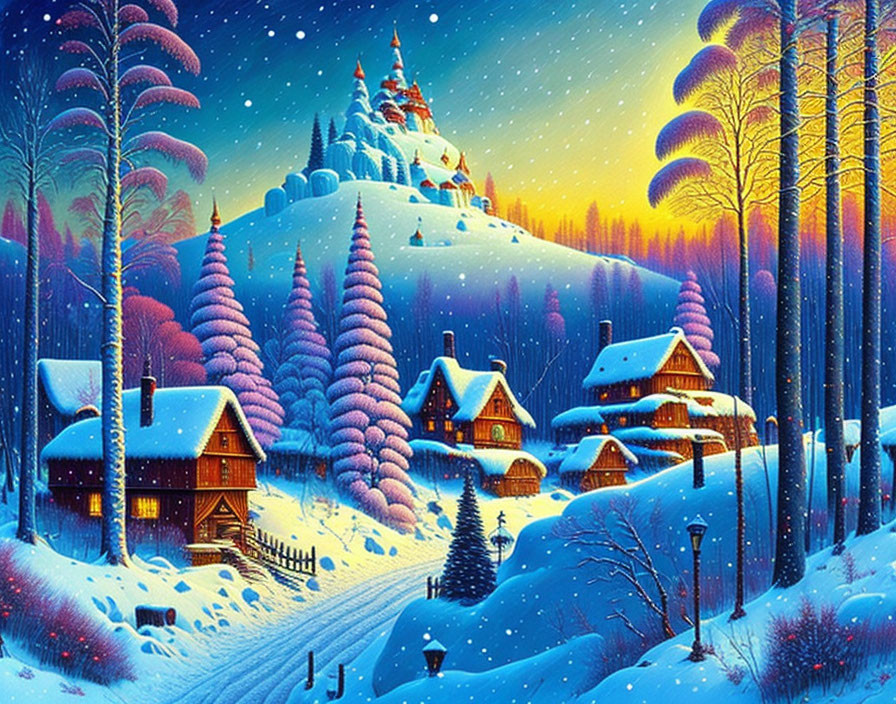 Snowy village illustration with illuminated houses, purple tree forest, and starry sky