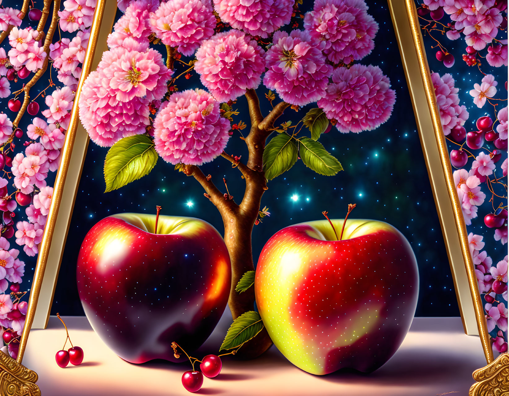 Vibrant red apples in front of magical tree with pink blossoms, starry night background.