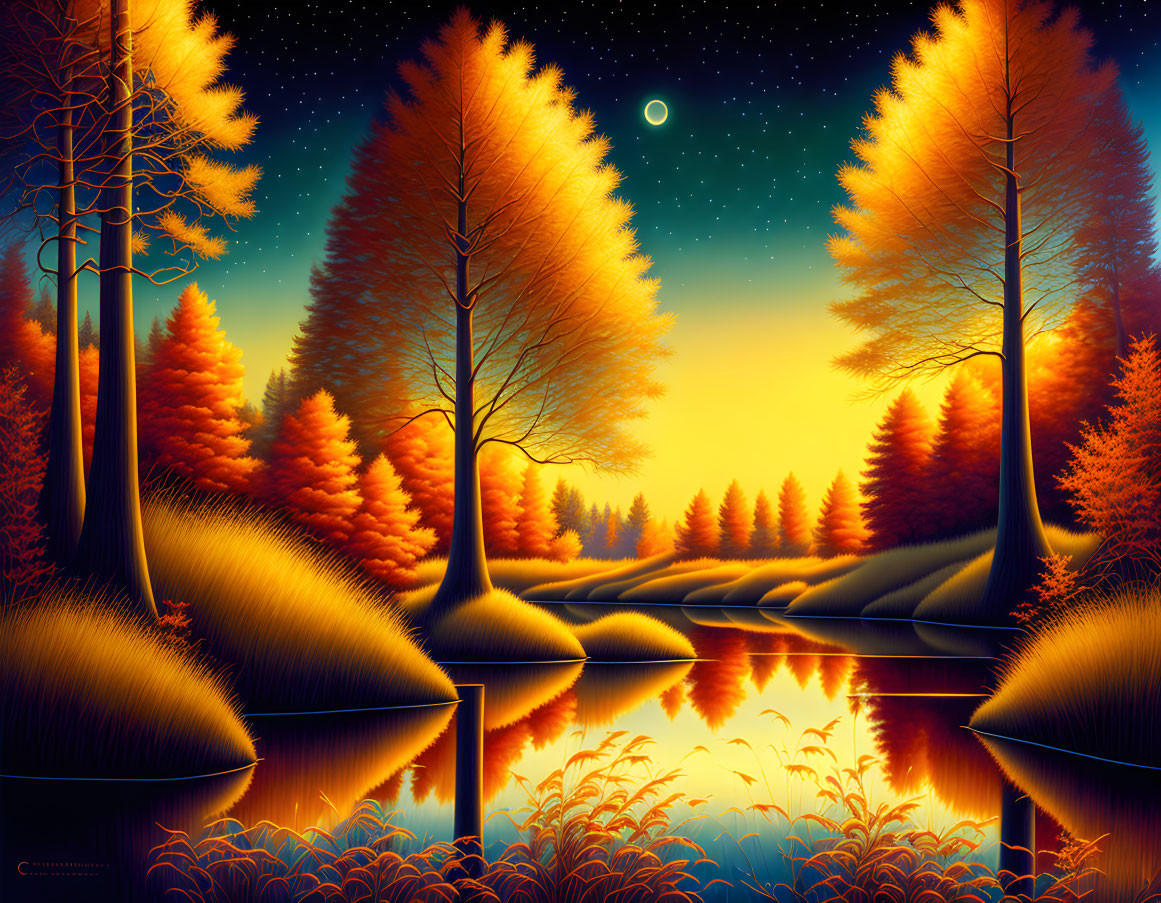 Autumn forest painting: Vibrant orange trees, river reflection, starry sky