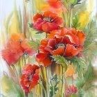 Vibrant Red Poppies Watercolor Painting on Yellow Background