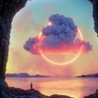 Person admiring vibrant sunset, crescent moon, calm sea, fluffy clouds in cave entrance.