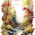 Tranquil watercolor painting of autumn creek and golden trees