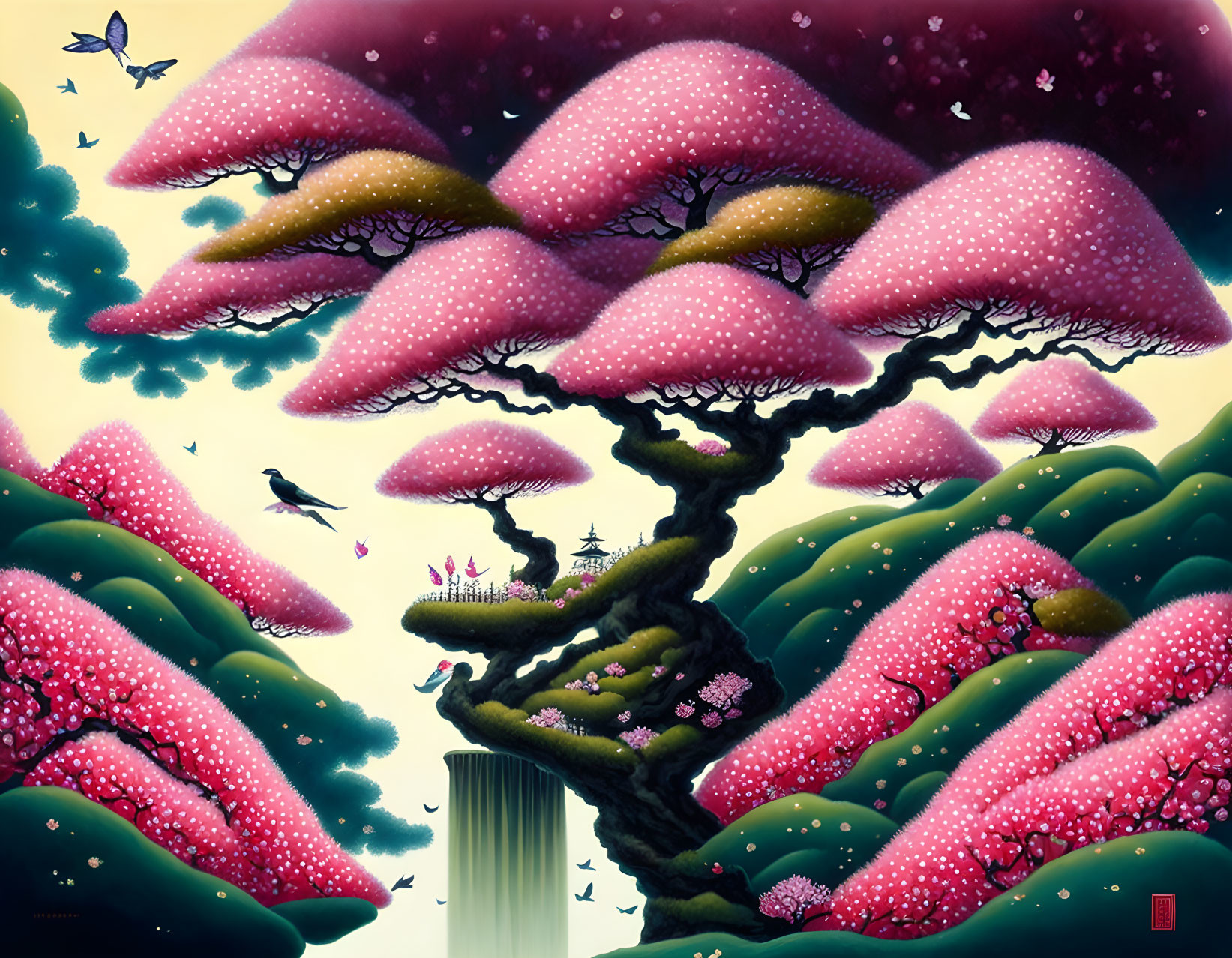 Whimsical artwork of pink mushroom tree in fantastical landscape