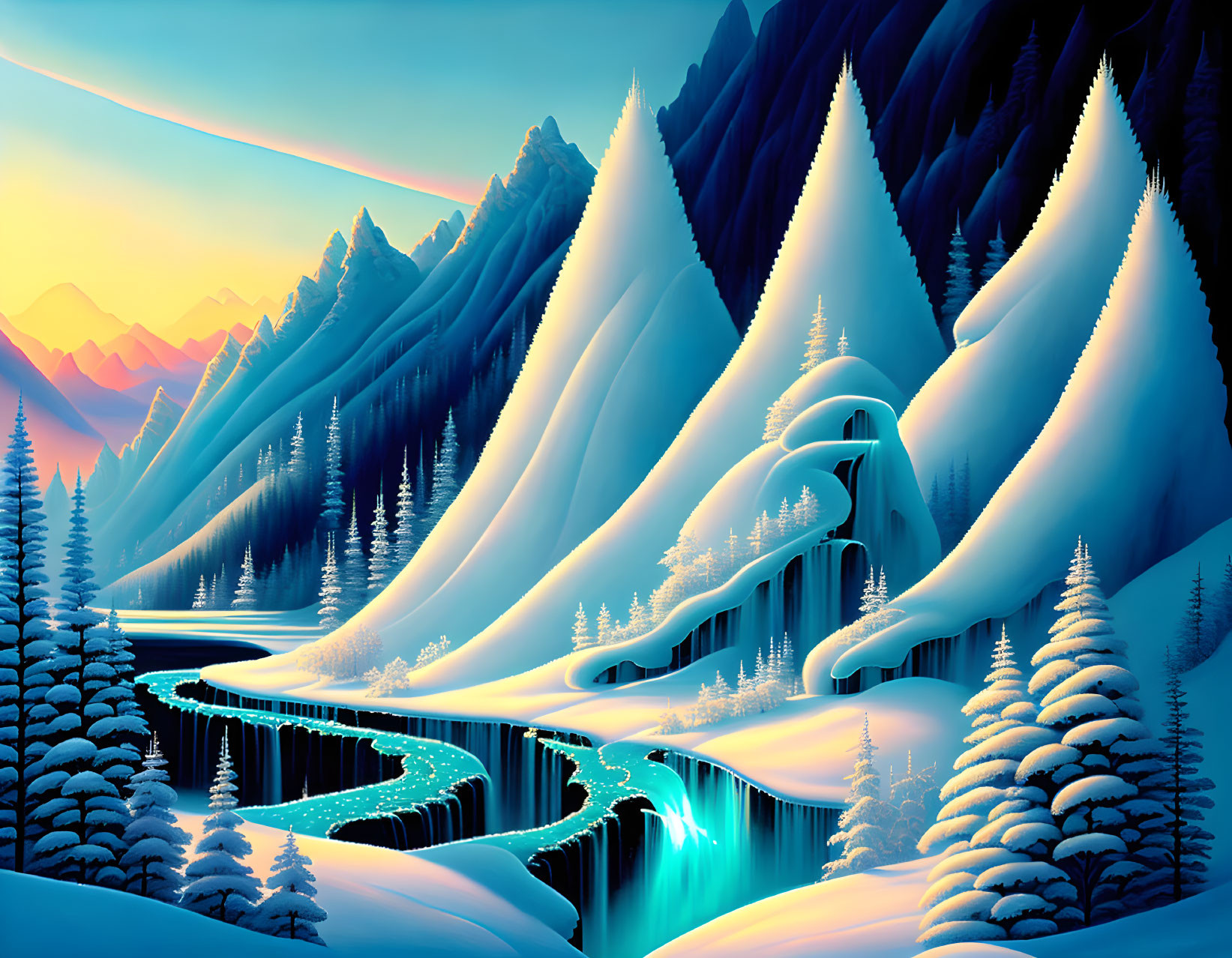 Digital artwork: Snowy mountain landscape with river, waterfall, pine trees, and fantastical structure