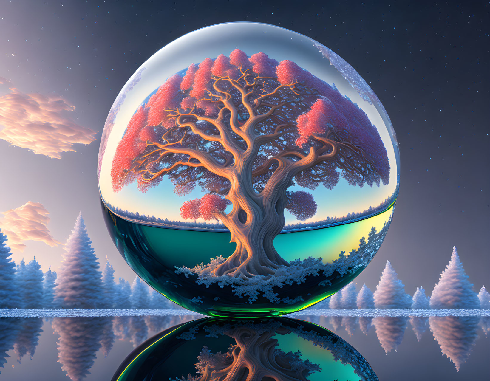 Vibrant tree in transparent sphere with snowy landscape reflection