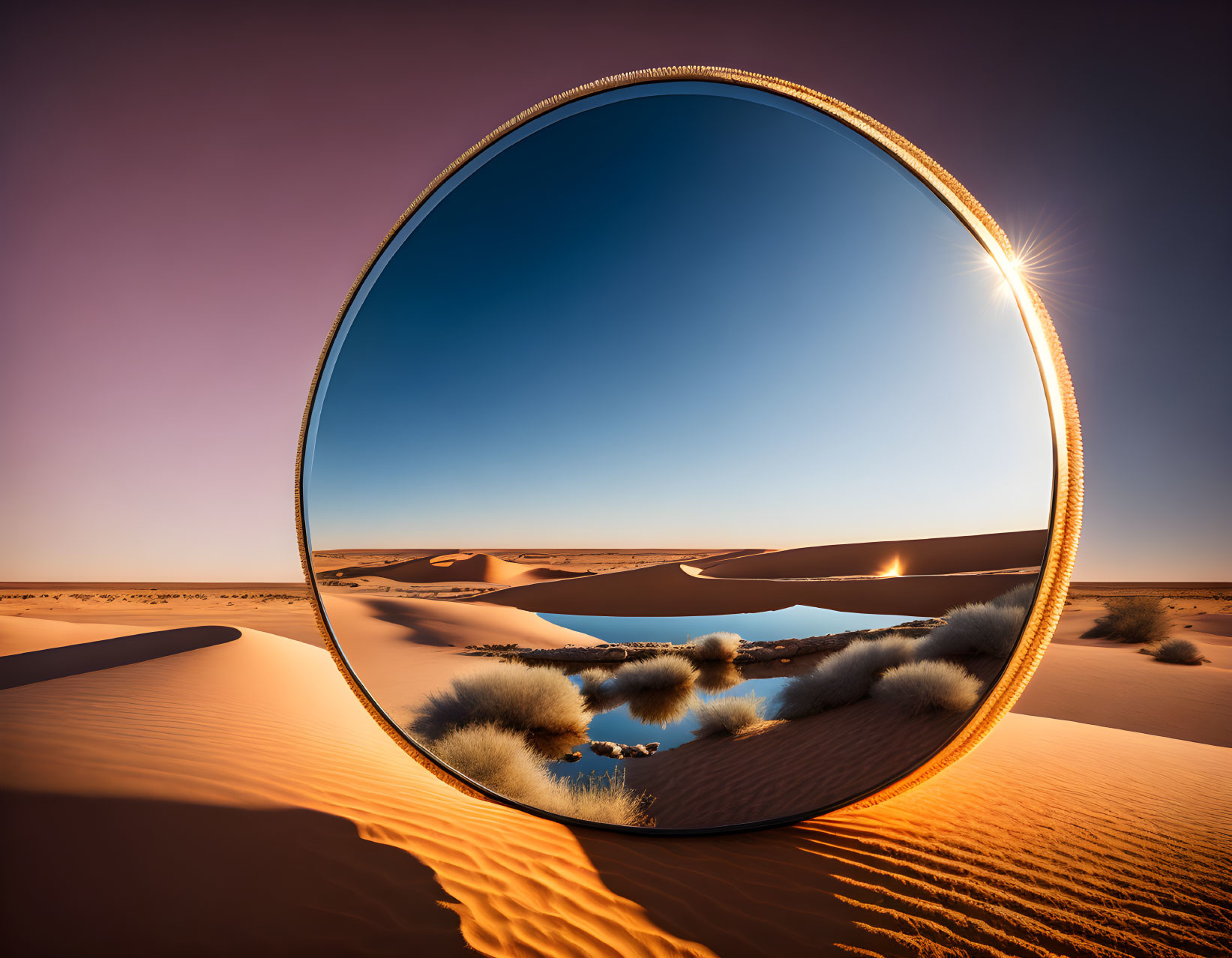 Circular desert mirror reflecting dunes and blue sky with sun flare
