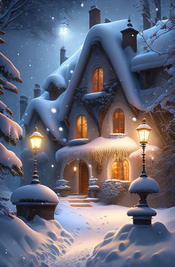 Snow-covered cottage with glowing windows in twilight snowfall